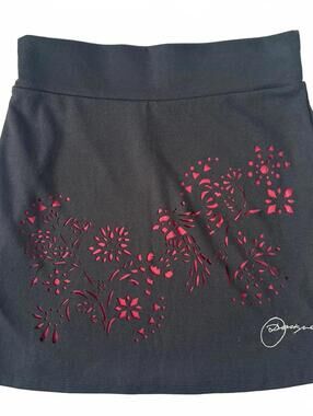 Desigual Black Mini Skirt with Red Lining Floral Lazer Cutout Design - S